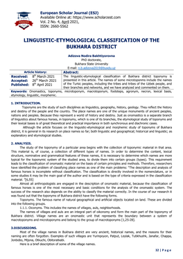 Linguistic-Etymological Classification of the Bukhara District