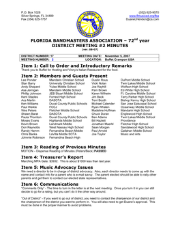 FLORIDA BANDMASTERS ASSOCIATION – 72Nd Year DISTRICT MEETING #2 MINUTES Item 1: Call to Order and Introductory Remarks Item 2