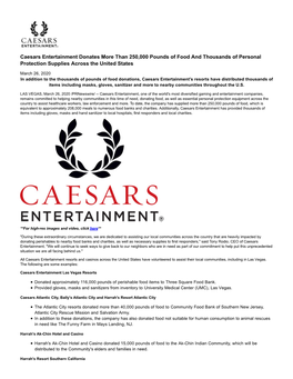 Caesars Entertainment Donates More Than 250,000 Pounds of Food and Thousands of Personal Protection Supplies Across the United States