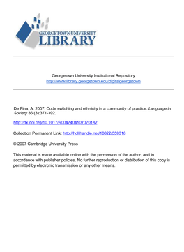 De Fina, A. 2007. Code Switching and Ethnicity in a Community of Practice