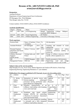 Resume of Dr. ARUNJYOTI SARKAR, Phd Arun@Naval.Iitkgp.Ernet.In