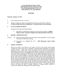 State Board of Education 2500 North Lincoln Boulevard State Board Room, Suite 1-20 Oklahoma City, Oklahoma
