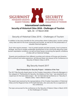 International Conference Security of Historical Cities 2018.- Challenges of Tourism Split, 16 – 17 March 2018