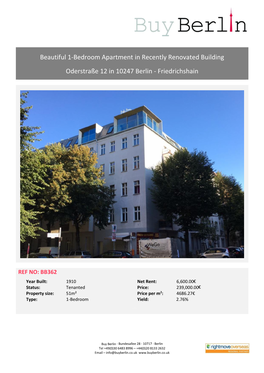 Beautiful 1-Bedroom Apartment in Recently Renovated Building Oderstraße 12 in 10247 Berlin - Friedrichshain