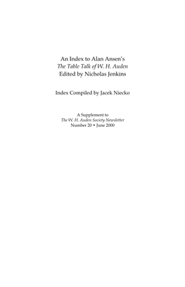 An Index to Alan Ansen's the Table Talk of W. H. Auden Edited By