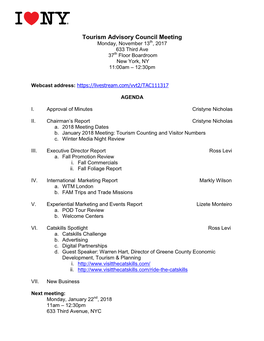 Tourism Advisory Council Meeting Monday, November 13Th, 2017 633 Third Ave 37Th Floor Boardroom New York, NY 11:00Am – 12:30Pm