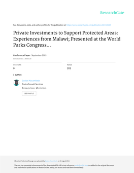 Private Investments to Support Protected Areas: Experiences from Malawi; Presented at the World Parks Congress