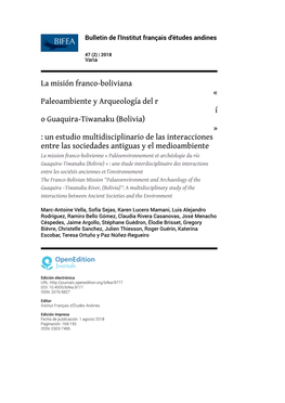 Paleoambiente Y Arqueología Del Río Guaquira-Tiwanaku (Bolivia)»: Un Estudio Multidisciplinario De Las Interacciones Entre Las Sociedades Antiguas Y El Medioambiente