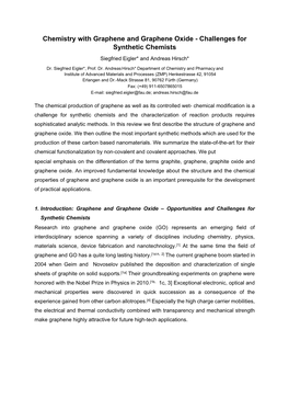 Chemistry with Graphene and Graphene Oxide - Challenges for Synthetic Chemists Siegfried Eigler* and Andreas Hirsch*