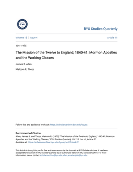 The Mission of the Twelve to England, 1840-41: Mormon Apostles and the Working Classes