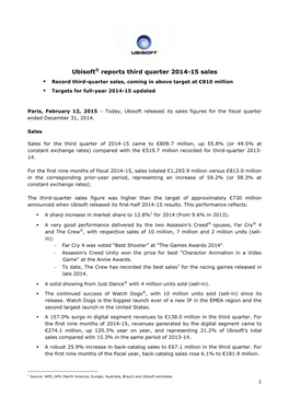 Ubisoft® Reports Third Quarter 2014-15 Sales