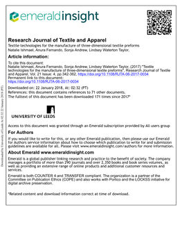 Textile Technologies for the Manufacture of Three-Dimensional