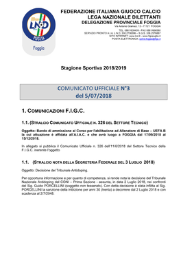 COMUNICATO UFFICIALE N°3 Del 5/07/2018