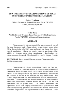 Low Variability of Dna Fingerprints of Texas Snowbells: Conservation Implications