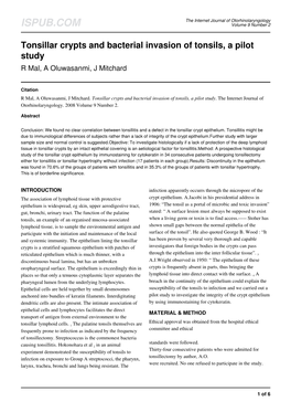 Tonsillar Crypts and Bacterial Invasion of Tonsils, a Pilot Study R Mal, a Oluwasanmi, J Mitchard