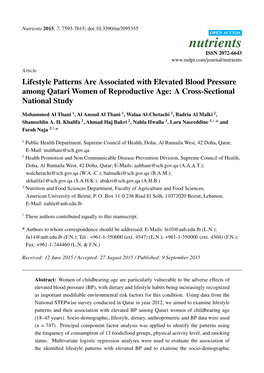 Lifestyle Patterns Are Associated with Elevated Blood Pressure Among Qatari Women of Reproductive Age: a Cross-Sectional National Study