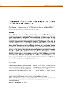 Combining Ability for Seed Yield and Other Characters in Rapeseed