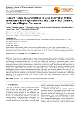 Peasant Resilience and Stakes in Crop Cultivation Within an Unstable Bio-Physical Milieu: the Case of Bui Division, North West Region, Cameroon