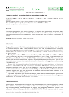 New Data on Salix Anatolica (Salicaceae) Endemic to Turkey