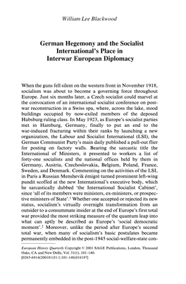 German Hegemony and the Socialist International's Place in Interwar