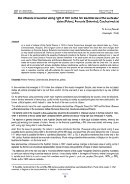 The Influence of Austrian Voting Right of 1907 on the First Electoral Law of the Successor States (Poland, Romania [Bukovina], Czechoslovakia)