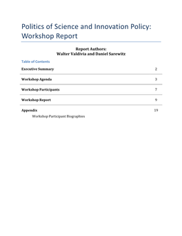 Politics of Science and Innovation Policy: Workshop Report