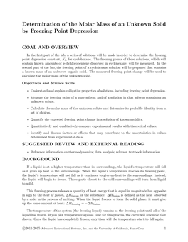 Determination of the Molar Mass of an Unknown Solid by Freezing Point Depression