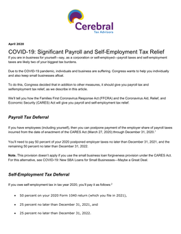 COVID-19: Significant Payroll and Self-Employment Tax Relief