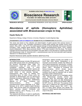 (Homoptera: Aphididae) Associated with Brassicaceae Crops in Iraq