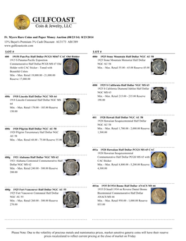 Ft. Myers Rare Coins and Paper Money Auction (08/23/14) 8/23/2014 13% Buyer's Premium 3% Cash Discount AU3173 AB1389