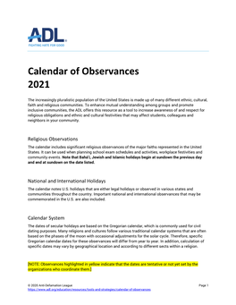 Calendar of Observances 2021