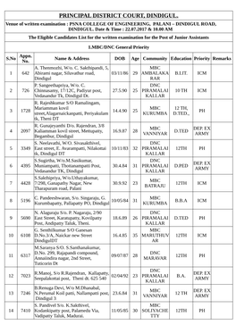 PRINCIPAL DISTRICT COURT, DINDIGUL. Venue of Written Examination : PSNA COLLEGE of ENGINEERING, PALANI – DINDIGUL ROAD, DINDIGUL