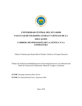 Universidad Central Del Ecuador Facultad De Filosofía Letras Y Ciencias De La Educación Carrera De Pedagogía De La Lengua Y La Literatura