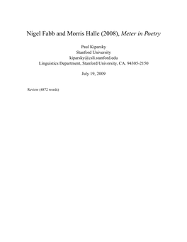 Nigel Fabb and Morris Halle (2008), Meter in Poetry