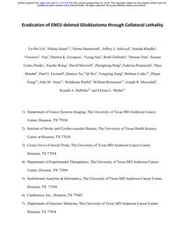 Eradication of ENO1-Deleted Glioblastoma Through Collateral Lethality