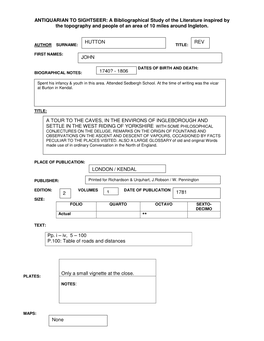 ANTIQUARIAN to SIGHTSEER: a Bibliographical Study of the Literature Inspired by the Topography and People of an Area of 10 Miles Around Ingleton
