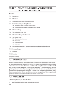 Unit 7 Political Parties and Pressure Groups in Australia