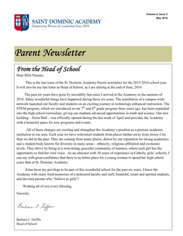 Parent Newsletter from the Head of School Dear SDA Parents