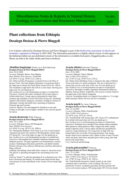 Plant Collections from Ethiopia Desalegn Desissa & Pierre Binggeli