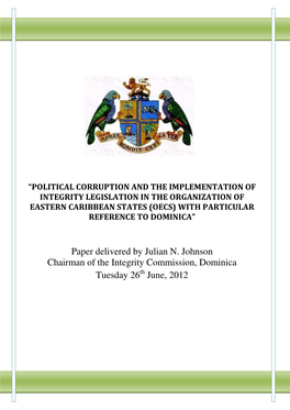 Paper Delivered by Julian N. Johnson Chairman of the Integrity