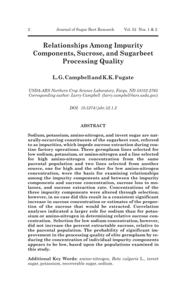 Relationships Among Impurity Components, Sucrose, and Sugarbeet Processing Quality