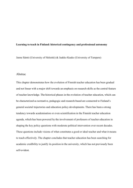 Learning to Teach in Finland: Historical Contingency and Professional Autonomy