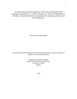 A Contextualization and Examination of the Impi Yamakhanda (1906 Uprising) As Reported by J