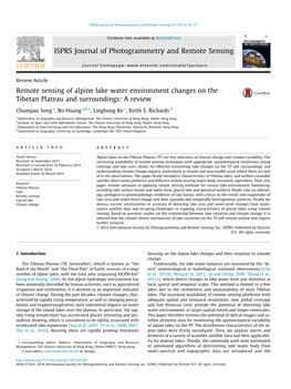 Remote Sensing of Alpine Lake Water Environment Changes on the Tibetan Plateau and Surroundings: a Review ⇑ Chunqiao Song A, Bo Huang A,B, , Linghong Ke C, Keith S