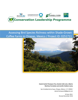 Assessing Bird Species Richness Within Shade-Grown Coffee Farms in Chiapas, Mexico / Project ID: 0251711