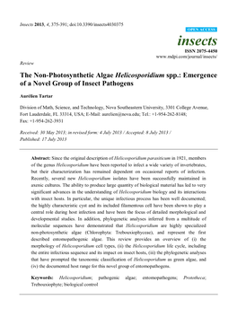 The Non-Photosynthetic Algae Helicosporidium Spp.: Emergence of a Novel Group of Insect Pathogens