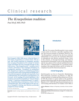 The Kraepelinian Tradition Paul Hoff, MD, Phd