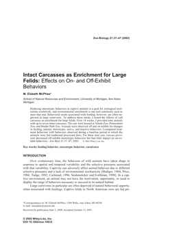 Intact Carcasses As Enrichment for Large Felids: Effects on On- and Off-Exhibit Behaviors