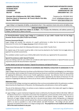 Lagan College Grant Maintained Integrated School 44 Manse Road Age Range: 11-18 Lisnabreeny Admissions No: 200 Belfast Bt8 6Sa Enrolment No: 1300