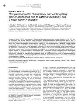 Complement Factor H Deficiency and Endocapillary Glomerulonephritis Due to Paternal Isodisomy and a Novel Factor H Mutation